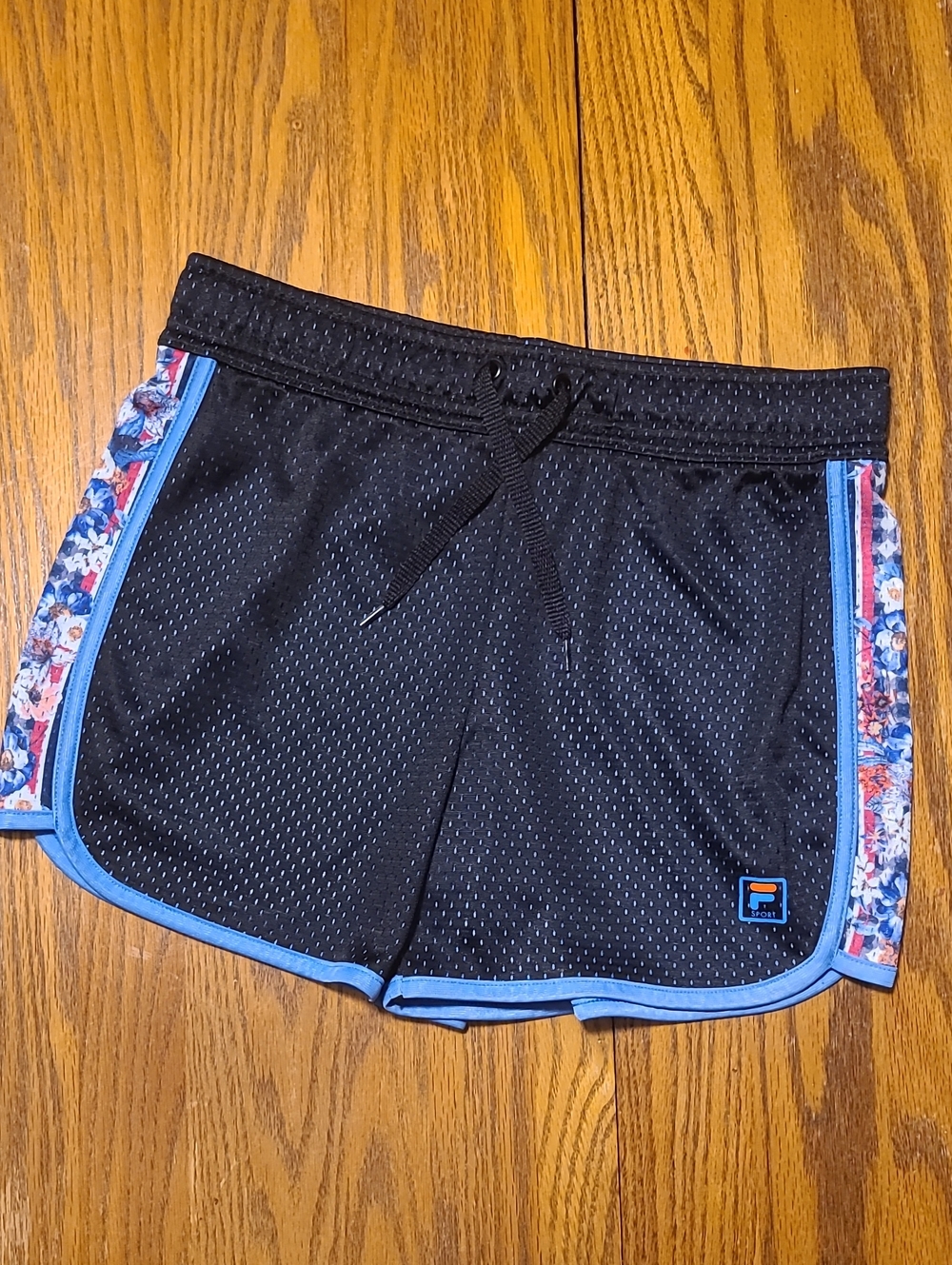 Fila Gitl's Black Athletic Shorts with Light Blue Trim and Floral Panels - XL